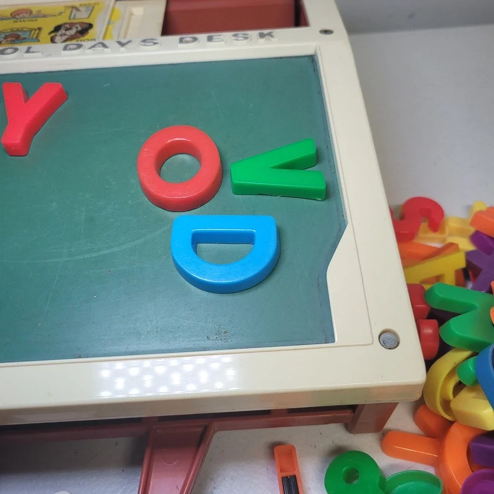 Vintage Fisher Price School Days Desk‎ Chalk Magnetic Letters Stencils 1972